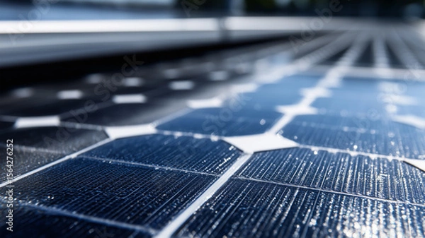 Fototapeta Macro view of rain-kissed solar cells representing clean-energy innovation and sustainable investment potential.
