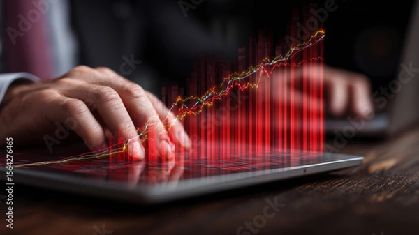 Fototapeta Businessman monitoring real-time profit growth as augmented red bar graph rises from tablet surface.
