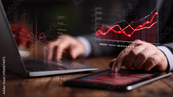 Fototapeta Businessman monitoring real-time profit growth as augmented red bar graph rises from tablet surface.
