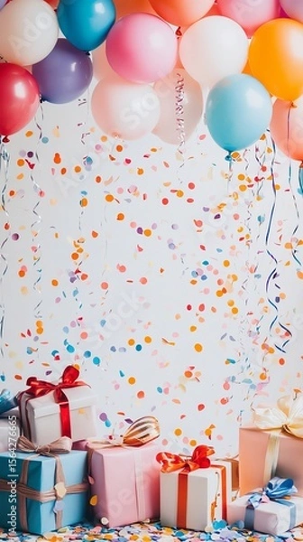 Obraz A lively and colorful birthday party scene showcasing an abundance of balloons, wrapped gifts, and festive streamers against a crisp white background, creating a cheerful celebration atmosphere.