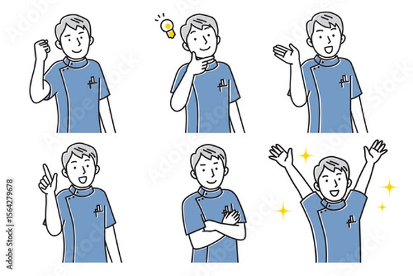 Obraz 笑顔でポーズする若い男性看護師のセットイラスト