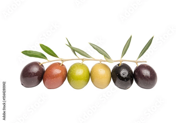 Obraz Freshly harvested olives in various colors arranged with leaves, showcasing the diversity and beauty of olive fruits for culinary and health purposes.
