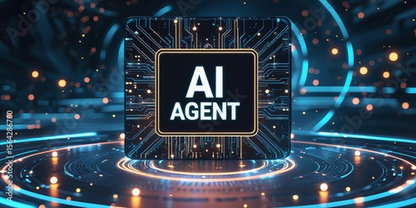 Fototapeta An AI agent hologram symbolizing agentic autonomy for collaboration with the human workforce using autonomous agents to work in business partnership using teamwork