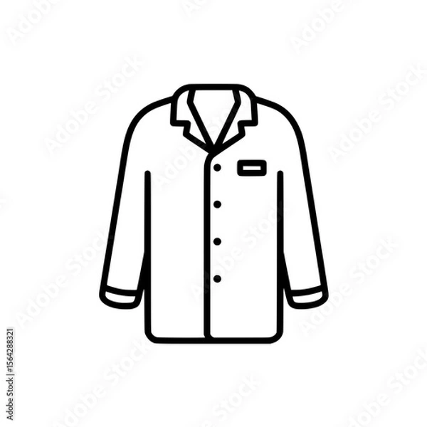 Fototapeta Black outline icon of a lab coat with a name tag representing medical professionals or scientific laboratory apparel.