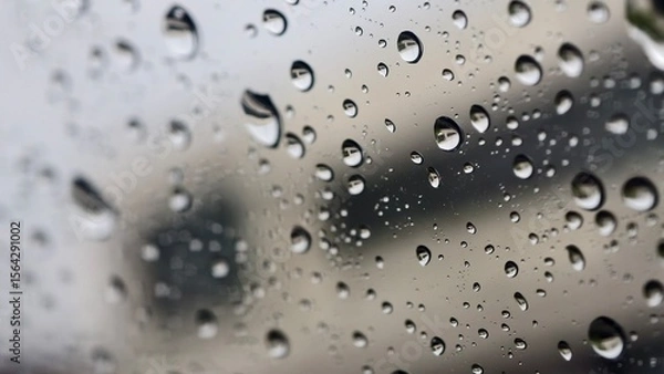 Fototapeta Raindrops on a Window: A Close-Up of Water Droplets with Abstract Reflections, Tranquil Rain: Detailed Water Droplets Clinging to Glass with Serene, Out-of-Focus Background