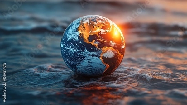 Fototapeta A 3D Model of the Earth with a Glowing Sunlight Effect Floating on the Ocean Waves