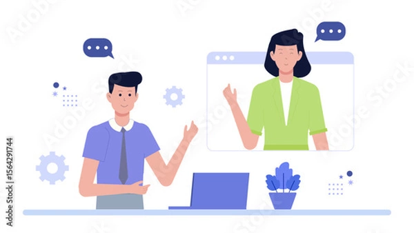 Fototapeta Two people video conferencing online, suitable for remote work, virtual meetings, webinars, online classes, and communication technology concepts.