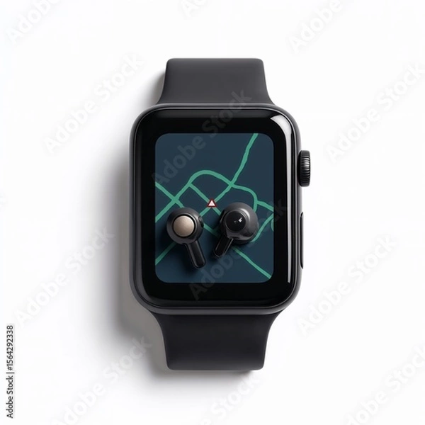 Obraz Smartwatch with wireless earbuds and city map