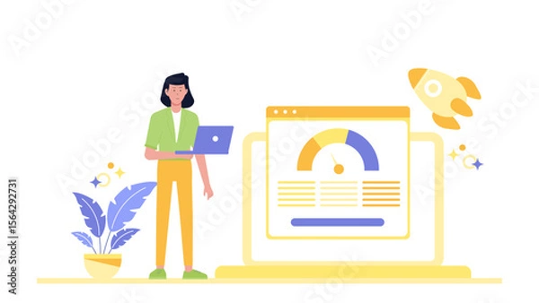 Fototapeta Woman analyzing website data for optimization. Ideal for marketing materials, business presentations, web design blogs, and digital analytics concepts.