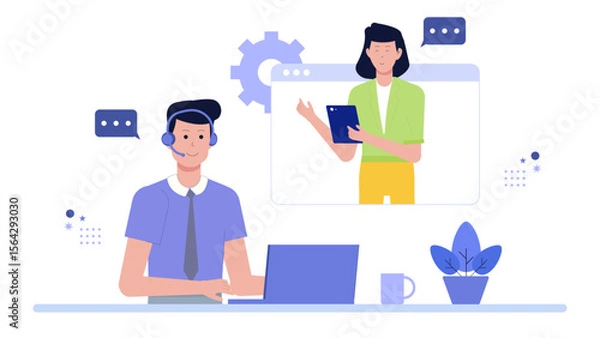 Fototapeta Online meeting showcasing a customer service agent assisting a client. Ideal for business communication, virtual support service, remote work concept.