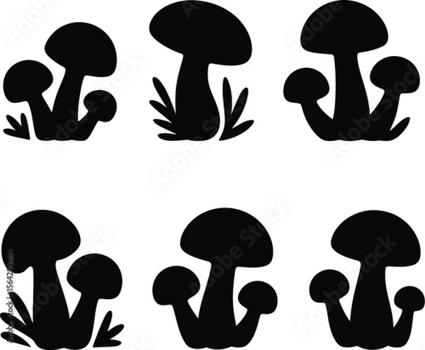 Obraz Collection of simple black silhouette mushroom with grass elements isolated on a vector graphic