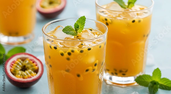 Obraz Refreshing Passion Fruit Juice with Mint and Ice