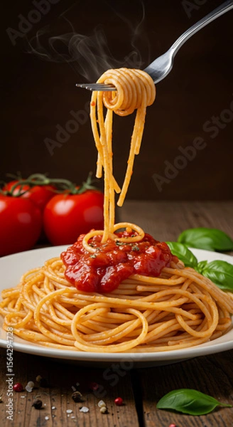 Obraz Steaming Spaghetti with Tomato Sauce on Fork and Plate