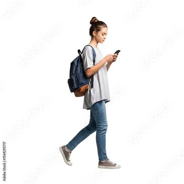 Fototapeta Stock photo of young woman walking with backpack using phone isolated on black background full body shot