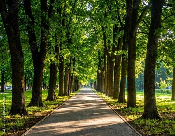 Obraz 푸른 숲 공원의 나무길 산책로 Peaceful Tree-Lined Path in Green Forest Park