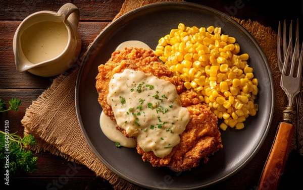 Fototapeta  A plate of chicken-fried steak with creamy white corn on the side,