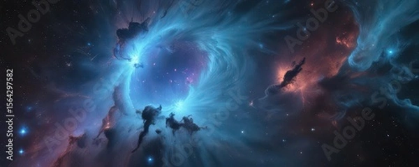 Fototapeta Swirling, translucent blue nebula effect, deep shades and highlights , ethereal, digital