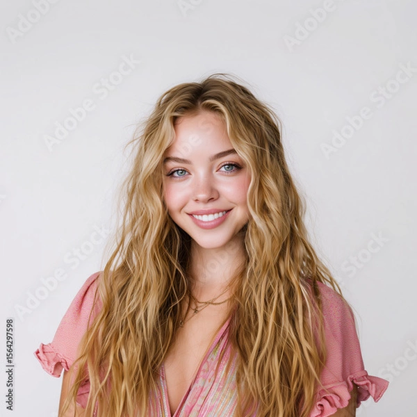 Fototapeta  A beautiful woman with long, curly brown hair poses for the camera against a white background. The professional photography, studio lighting, 