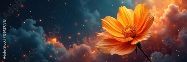 Fototapeta Abstract orange blossom amidst swirling nebula, cosmic dust, sparks , stars, luminescence, bloom