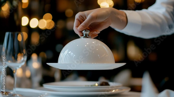 Fototapeta As the waiter lifted the white serving cloche, the guests eagerly looked at the empty white plate in confusion
