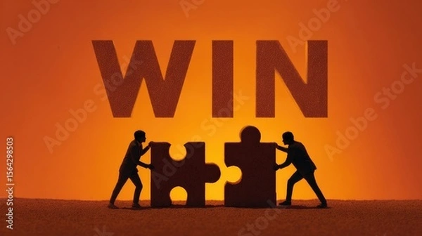 Fototapeta Teamwork Puzzle - WIN: Silhouetted business partners fit puzzle pieces together to complete the word WIN, symbolizing teamwork and success in the warm glow of accomplishment.