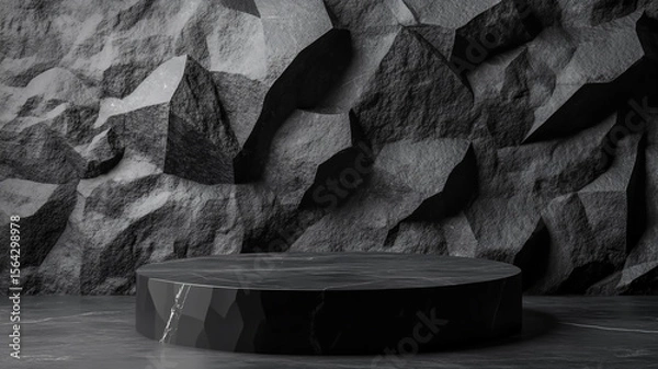 Fototapeta Black geometric asteroid Stone and Rock shape background, minimalist mockup for podium display or showcase, 3d