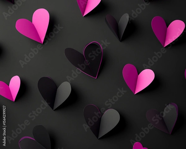 Fototapeta Black paper hearts with neon pink accents on a black background for a Valentine's Day card, top view. High-resolution photography