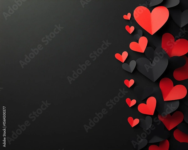 Fototapeta Black paper hearts with neon red accents on a black background, a Valentine's Day card design in banner format with copy space at the top for text