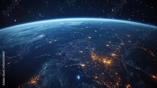 Fototapeta Blue Globe viewing from space at night with connections between cities