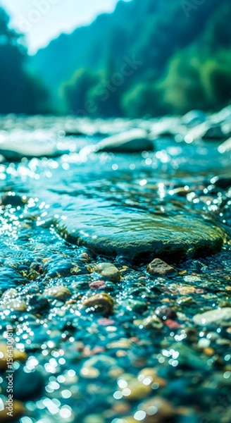 Fototapeta Fresh flowing water sparkles over stones in a vivid mountain river scene, highlighting nature's beauty and tranquility.