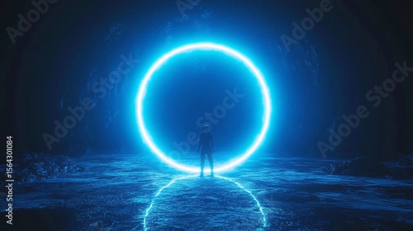 Fototapeta Blue neon glowing circular frame with radiant rays, emitting a vibrant glare, isolated on a dark background. Futuristic light effect, electric glow, and cyber-inspired design