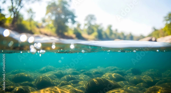Fototapeta Tranquil river scene showcases clear water, rocks underwater and lush foliage for a refreshing natural experience.