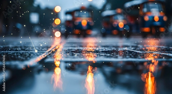 Fototapeta Reflections on a rainy street showcase vibrant auto rickshaws in a bustling Asian city, adding charm to the urban landscape.