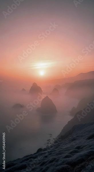 Fototapeta Dreamy coastal sunset bathes sea stacks in soft light, creating a tranquil and ethereal scene over the Pacific ocean.