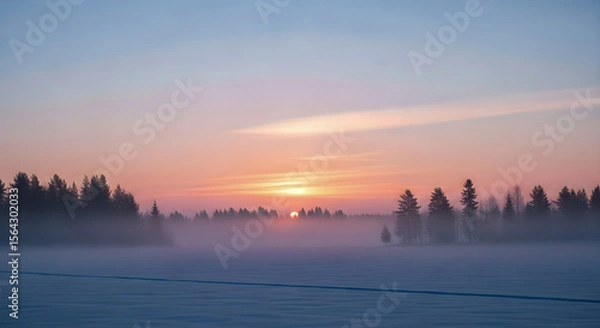 Fototapeta Serene winter wonderland scene features a colorful sunrise illuminating the snow covered landscape and silhouette trees.