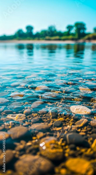 Fototapeta Tranquil waters flow over smooth stones, a serene waterscape with distant trees and clear blue sky.