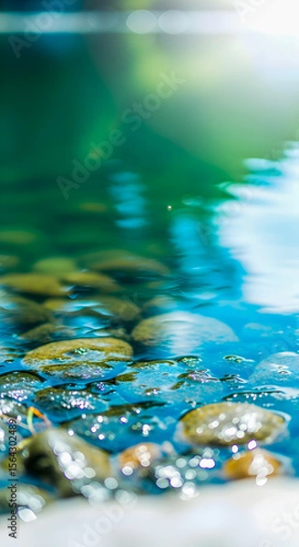 Fototapeta Serene water scene with river stones and reflections creating a sense of tranquility and peace within nature.