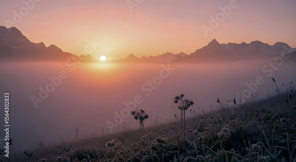 Obraz Foggy sunrise bathes alpine meadow in soft light with mountains rising in the background, a scenic vista.