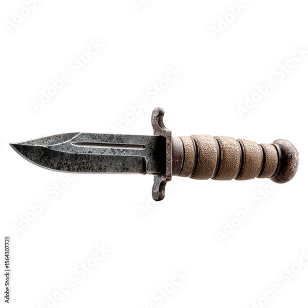 Obraz Tactical dagger with classic model concept. A vintage military knife with a worn handle and aged metal blade.