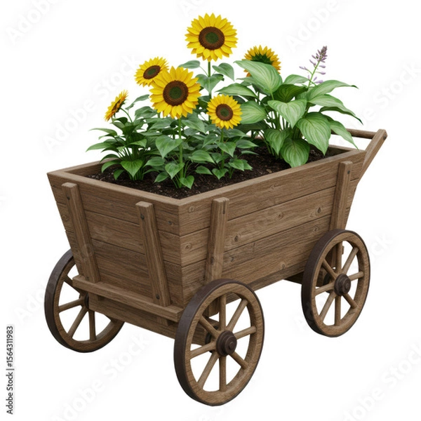 Fototapeta Rustic wooden cart filled with vibrant yellow sunflowers symbolizing harvest, summer, and countryside decoration, isolated on a transparent background, png, cutout