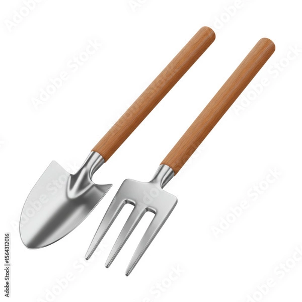 Fototapeta Set of garden tools including small shovel and hand rake for gardening, planting and soil maintenance, isolated on a transparent background, png, cutout