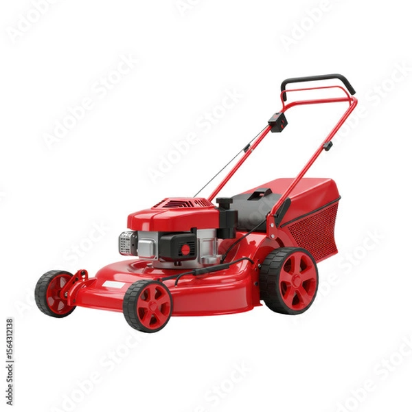 Fototapeta Modern red lawn mower machine for garden maintenance, grass cutting, and landscaping, isolated on a transparent background, png, cutout