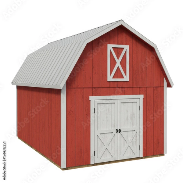 Fototapeta Traditional classic red barn with grey roof representing rural farming architecture and countryside storage, isolated on a transparent background, png, cutout