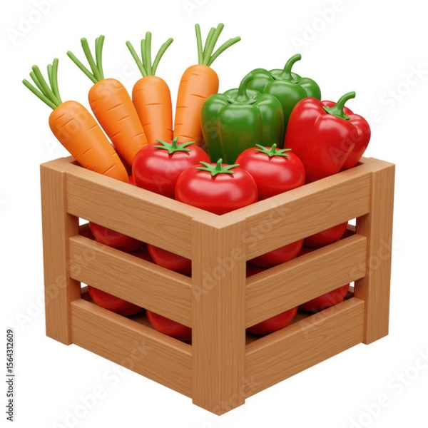 Fototapeta 3D realistic wooden crate with fresh vegetables for farming, food, agriculture, or healthy eating concept isolated on a transparent background, png, cutout