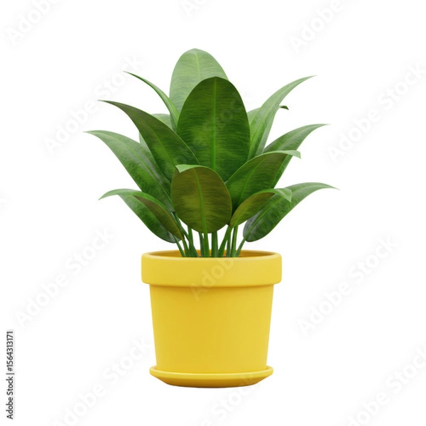 Fototapeta Decorative green houseplant with broad shiny leaves growing in yellow pot for interior design element, isolated on a transparent background, png, cutout