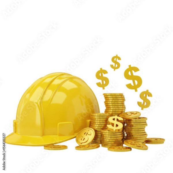 Fototapeta 3D realistic yellow construction helmet with coins for economy, investment, construction, or business concept isolated on a transparent background, png, cutout