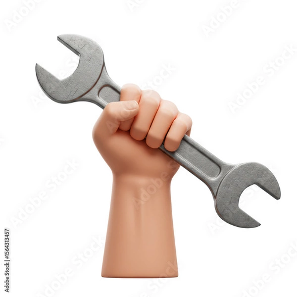 Fototapeta Male hand firmly holding metallic wrench tool representing construction, mechanic, and engineering concept, isolated on a transparent background, png, cutout
