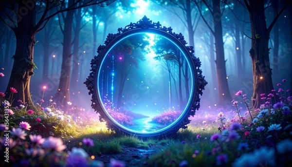 Fototapeta magical mirror in dark forest with dreamy concept