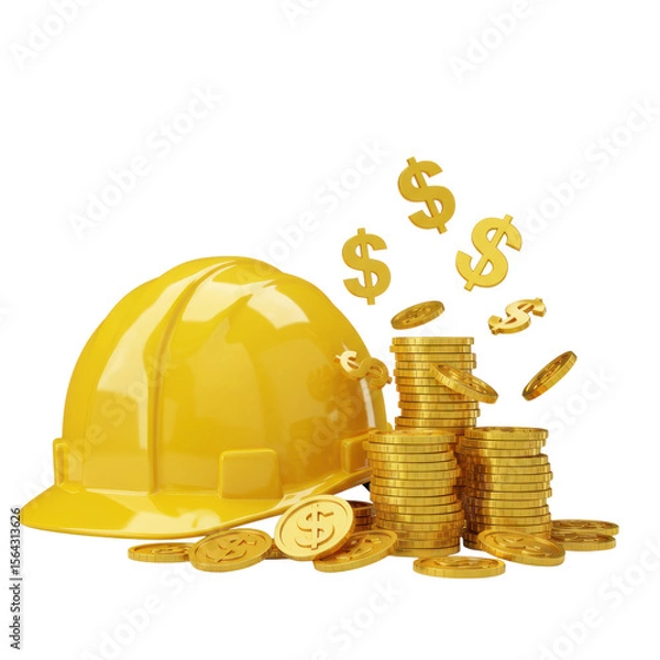 Fototapeta Yellow construction safety helmet with dollar coins and blueprints symbolizing real estate investment and building industry, isolated on a transparent background, png, cutout
