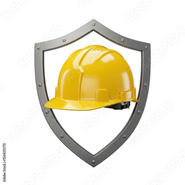 Fototapeta 3D realistic shield with yellow construction helmet for safety, protection, construction, or building concept isolated on a transparent background, png, cutout